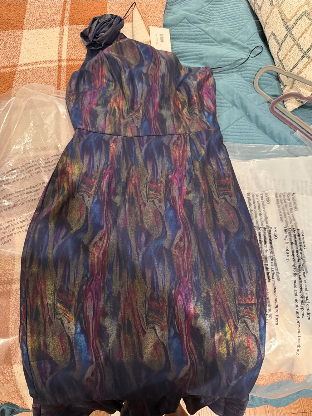 One shoulder oil slick print evening dress